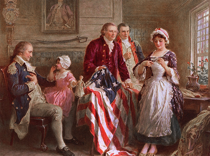 Painting of Betsy Ross with the American flag folklore credits her with making.