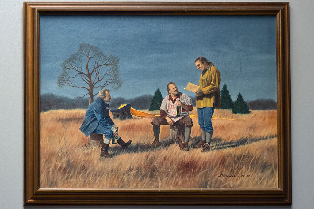 An oil painting depicting the 1793 first manned balloon landing site in Deptford, New Jersey.