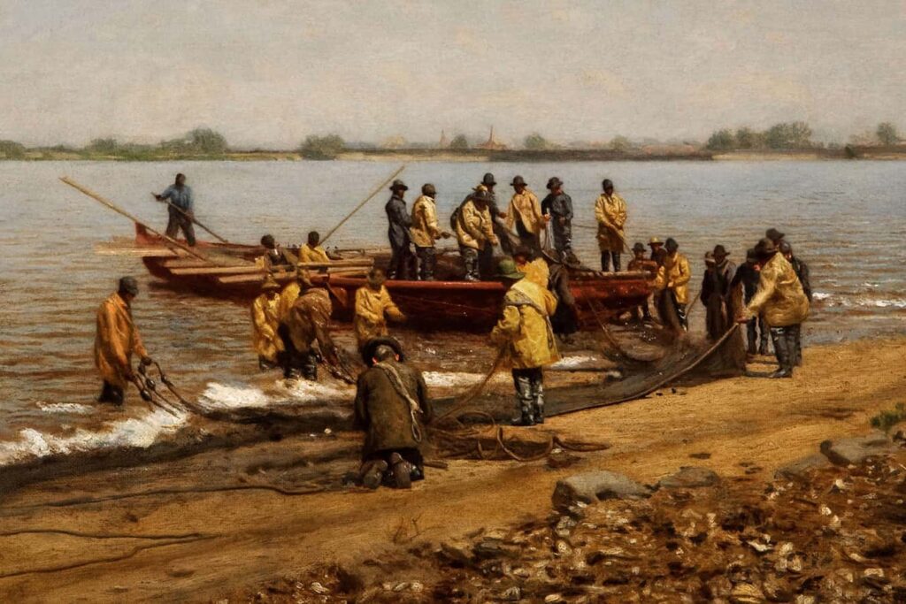 Black watermen in the 1800s work on the annual Shad catch in the Delaware River at Gloucester, New Jersey.