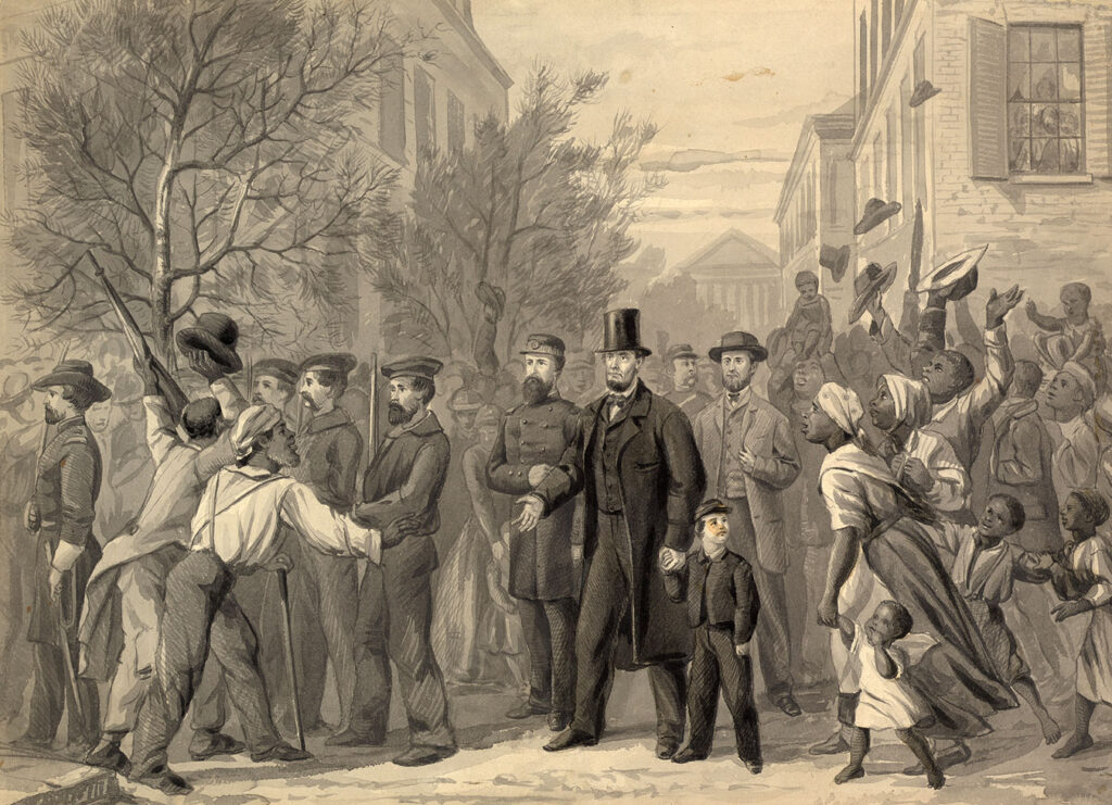 Illustration of President Lincoln entering Richmond, the conquered capital of the defeated Confederacy.